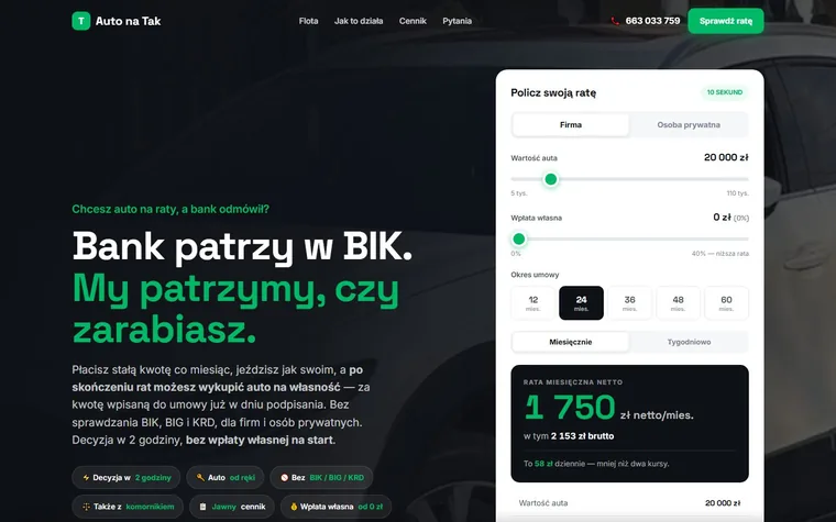 Strona wynajmu samochodów Auto na Tak
