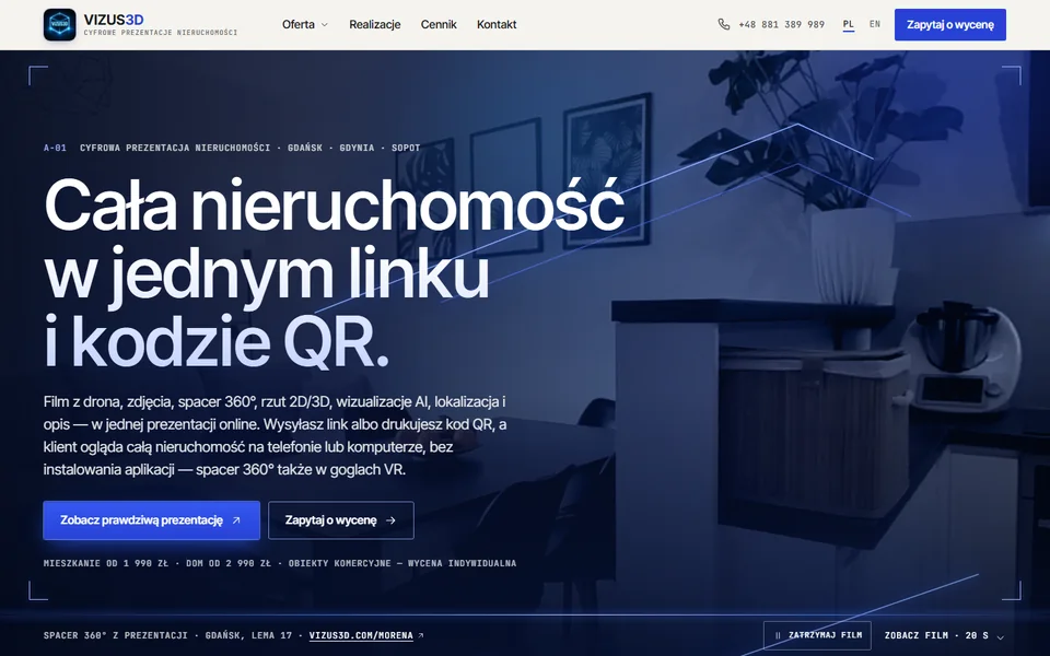 Strona VIZUS3D — cyfrowe prezentacje nieruchomości, Gdańsk